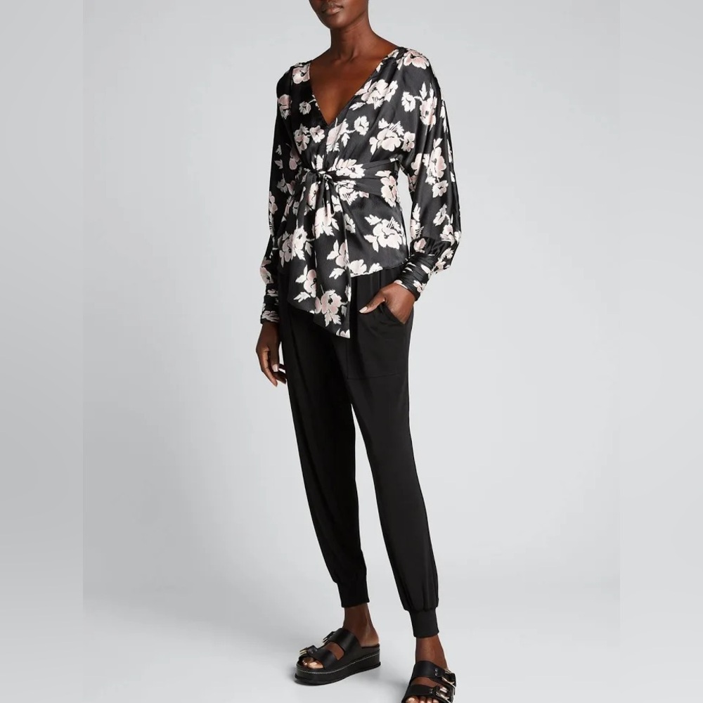 CINQ À SEPT Yesenia Floral Textured Tie Front Silk Blouse in
Black/ Multi Size M